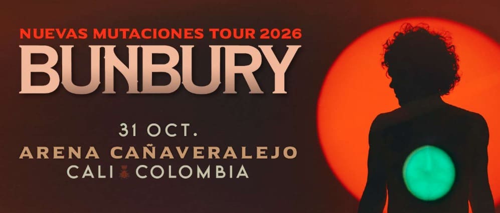 Póster oficial de la gira Nuevas Mutaciones Tour 2026 de Bunbury, 31 de octubre en el Arena Cañaveralejo, Cali, Colombia